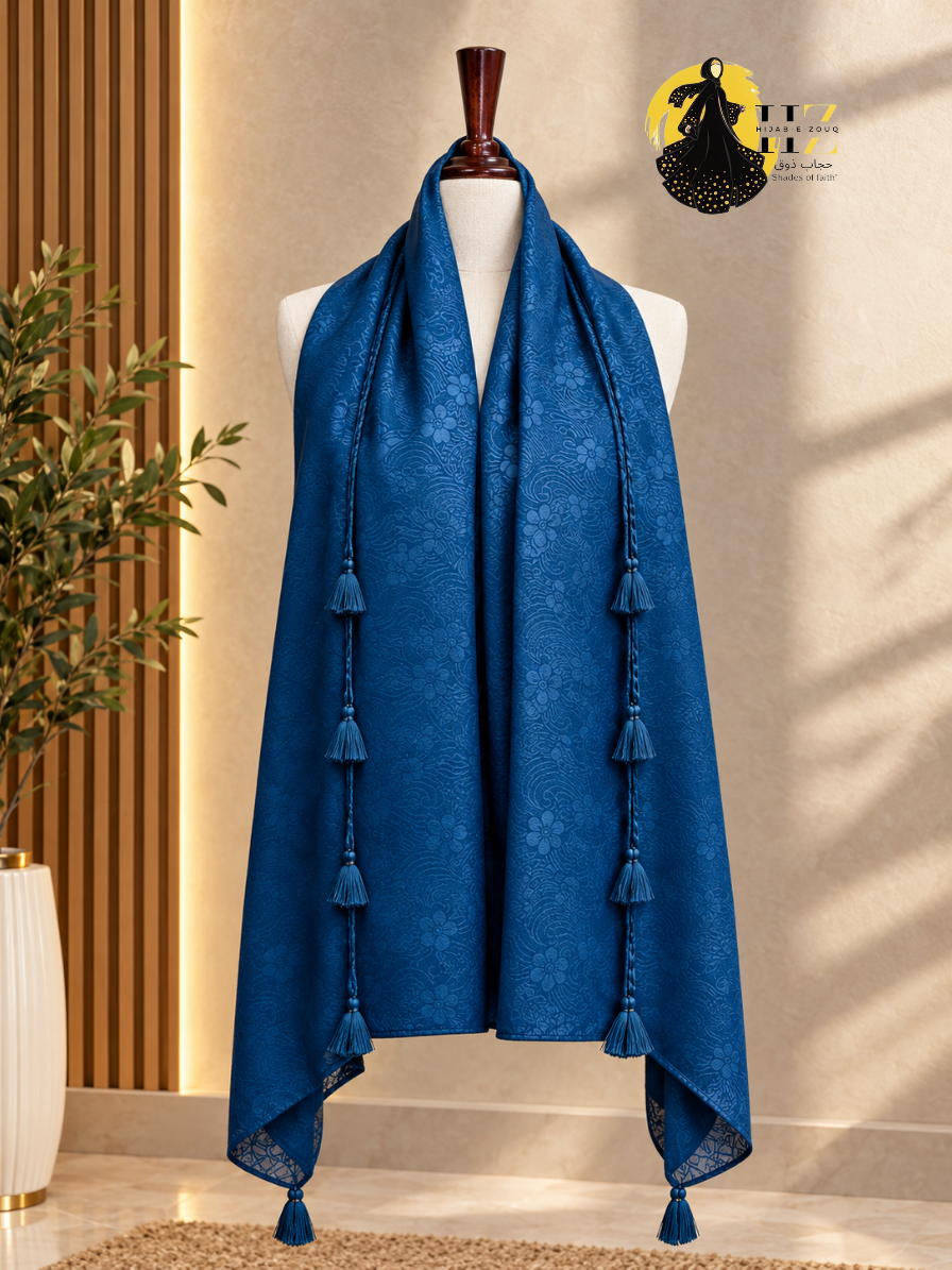 Jacard Lawn Hijab Navy Blue(1) Damask Jacquard Hijab with Tassel Accents - Image 1